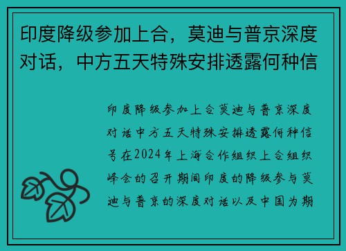 印度降级参加上合，莫迪与普京深度对话，中方五天特殊安排透露何种信号
